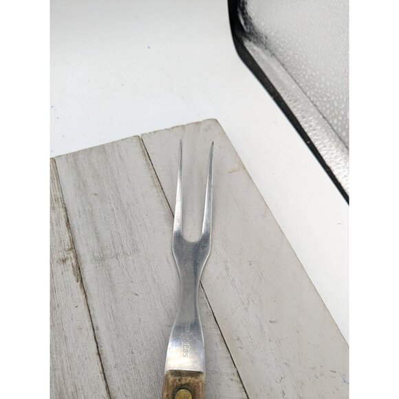 Vintage Meat Fork 10" Wood Handle #1 Stainless Steel USA - Picture 2 of 8